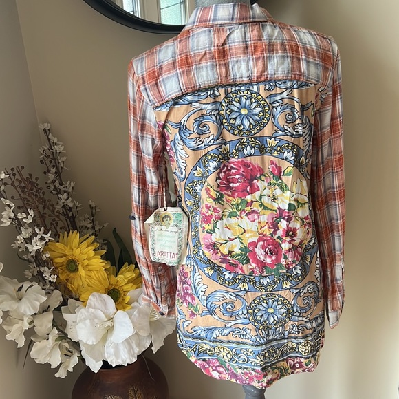 NWT Aratta Plaid Floral Back Long Sleeve Button Down.  Size XS - Picture 3 of 6
